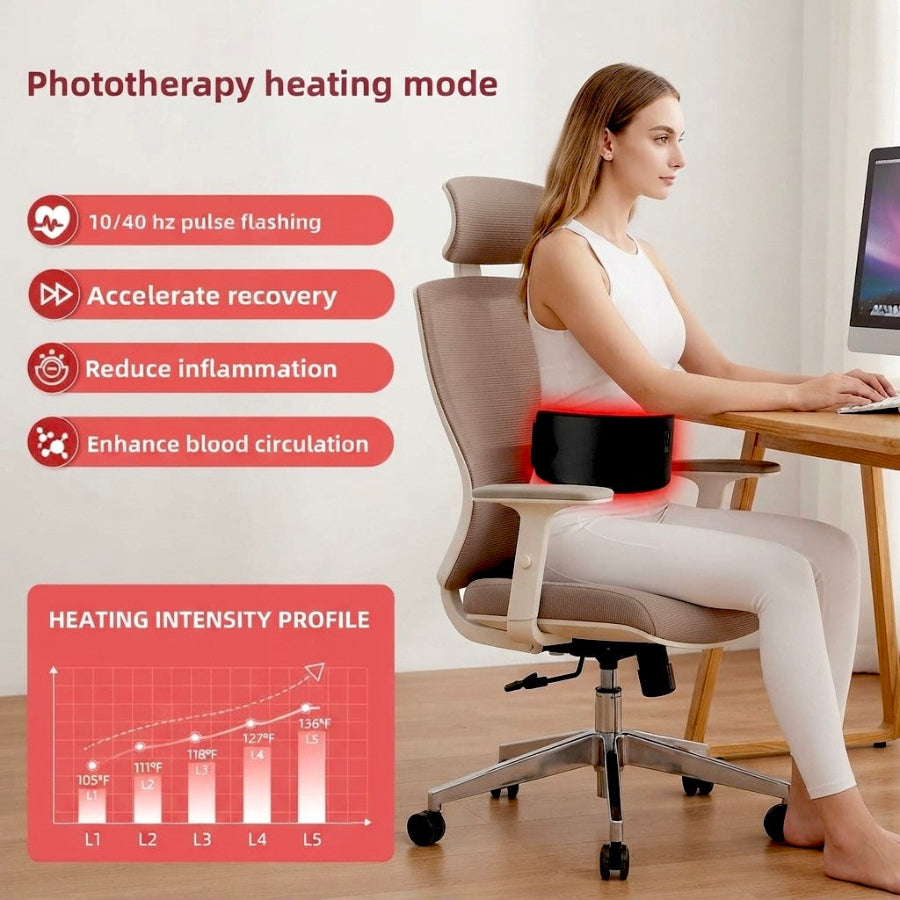 A woman sits in a beige office chair with a black lumbar support device around her waist, working at a desk. The image includes marketing text about phototherapy heating mode, feature callouts, and a heating intensity profile chart.